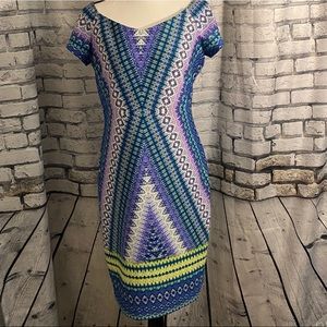 Bisou Bisou|| Blue/lavender/lime green short sleeve stretchy print dress NWT